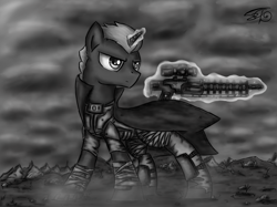 Size: 1730x1297 | Tagged: safe, artist:setharu, oc, oc only, oc:set, pony, unicorn, fallout equestria, angry, black and white, clothes, cloud, dust, fallout, fanfic, gauss rifle, glowing horn, grayscale, gun, magic, male, signature, solo, stallion, standing, telekinesis, weapon