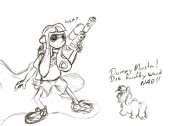 Size: 1290x934 | Tagged: safe, artist:fluffsplosion, fluffy pony, confused, fluffy pony drowns, glare, impending doom, inkling, monochrome, open mouth, sketch, smarty friend, splatoon, splattershot, stupidity, this will end in ink, this will end in splat, this will end in tears and/or death