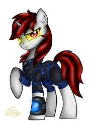 Size: 2263x3128 | Tagged: safe, artist:setharu, oc, oc only, oc:blackjack, pony, unicorn, fallout equestria, fallout equestria: project horizons, clothes, fallout, fanfic, fanfic art, female, hooves, horn, mare, pipbuck, security armor, solo, vault security armor, vault suit