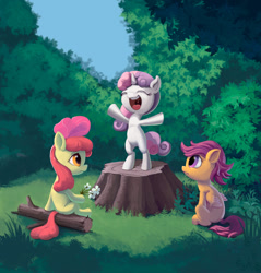 Size: 860x900 | Tagged: safe, artist:maggwai, apple bloom, scootaloo, sweetie belle, cutie mark crusaders, singing, tree stump