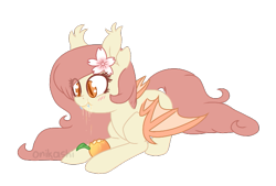 Size: 655x443 | Tagged: safe, artist:onikashi, oc, oc only, oc:peach blossom, bat pony, pony, eating, peach, solo