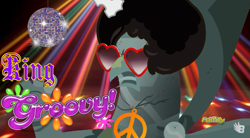 Size: 851x471 | Tagged: safe, edit, screencap, king grover, griffon, the lost treasure of griffonstone, 1960s, 1970s, 60s, 70s, afro, disco ball, image macro, king groovy, meme, peace symbol, pun, solo