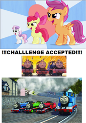 Size: 643x915 | Tagged: safe, apple bloom, scootaloo, sweetie belle, flight to the finish, bert, challenge accepted, cutie mark crusaders, hearts as strong as horses, mike, never overlook a little engine, rex, thomas the tank engine