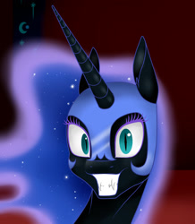 Size: 1366x1570 | Tagged: safe, artist:justbrohoof, nightmare moon, bust, portrait, smiling, solo