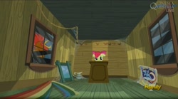 Size: 1663x924 | Tagged: safe, screencap, apple bloom, rooster, bloom and gloom, abandoned, clubhouse, crusaders clubhouse, discovery family logo, floppy ears, frown, giant cock, rainbow dash poster, scared, solo, spider web