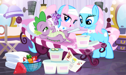 Size: 1400x842 | Tagged: safe, artist:pixelkitties, aloe, lotus blossom, spike, dragon, bedroom eyes, female, gem, male, mirror, pampering, shipping, spa twins, spike gets all the mares, spikelove, sploe, splotus, straight, towel