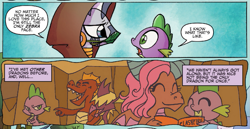 Size: 875x452 | Tagged: safe, artist:agnesgarbowska, idw, fume, garble, mina, spear (dragon), spike, zecora, dragon, zebra, spoiler:comic, spoiler:comicff21, dragoness, eyes closed, female, male, speech bubble