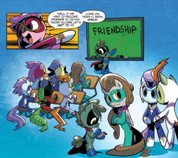 Size: 1062x945 | Tagged: safe, artist:ben bates, idw, fili-second, humdrum, masked matter-horn, mistress marevelous, radiance, saddle rager, zapp, pony, spoiler:comic, spoiler:comicannual2014, bipedal, chalkboard, friendship, frown, gritted teeth, hoof hold, humdrum (pony), learning, plot, power ponies, school, sitting, sweat, trust fall, writing