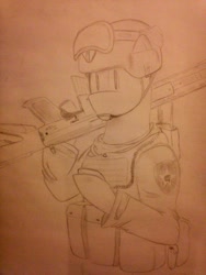 Size: 774x1032 | Tagged: safe, artist:coffee mixer, army, body armor, carbine, goggles, gun, helmet, long sleeves, male, monochrome, radio, soldier, solo, traditional art, walkie talkie