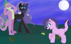 Size: 1280x800 | Tagged: safe, artist:flamingartist, nightmare rarity, spike, oc, dracony, dragon, firefly (insect), hybrid, insect, family, female, interspecies offspring, male, nightmare sparity, nightmom rarity, offspring, parent:rarity, parent:spike, parents:sparity, playing, shipping, sparity, straight, worried