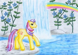 Size: 1024x724 | Tagged: safe, artist:normaleeinsane, g2, flower, rainbow, satin splash, solo, traditional art, waterfall