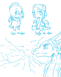 Size: 1024x1285 | Tagged: safe, artist:mrs1989, oc, oc only, oc:sally the dragon, oc:upa the dragon, dragon, doodle, monochrome, volcano