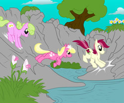 Size: 1000x830 | Tagged: safe, artist:elosande, daisy, flower wishes, lily, lily valley, roseluck, flower trio, jumping, sliding