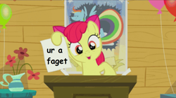 Size: 1072x600 | Tagged: safe, edit, screencap, apple bloom, bloom and gloom, irony, rainbow dash poster, ur a faget, vulgar