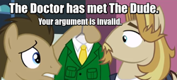 Size: 854x387 | Tagged: safe, screencap, doctor whooves, jeff letrotski, pony, slice of life (episode), 100th episode, clothes, image macro, male, meme, stallion, suit, your argument is invalid