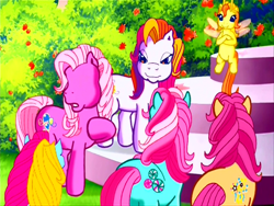 Size: 640x480 | Tagged: safe, screencap, minty, pinkie pie (g3), sparkleworks, sunny daze (g3), zipzee, g3, the princess promenade, animation error, no eyes