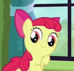 Size: 625x600 | Tagged: safe, screencap, apple bloom, earth pony, pony, bloom and gloom, adorabloom, bow, cute, faic, female, filly, hair bow, looking back, raised hoof, smiling, solo