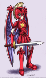 Size: 600x1008 | Tagged: safe, artist:inuhoshi-to-darkpen, cloud kicker, human, fanfic:the life and times of a winning pony, armor, humanized, solo, sword, wingblade, winningverse