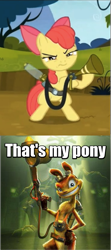 Size: 367x830 | Tagged: safe, apple bloom, bloom and gloom, daxter, jak and daxter, meme, pest control gear, pest pony, that's my x, twitbuster apple bloom