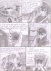 Size: 1517x2131 | Tagged: safe, artist:poseidonathenea, normal norman, starlight, pony, equestria girls, background human, clothes, cute, eyes closed, human ponidox, kurt marshall, microphone, monochrome, officer pootang mang, open mouth, petting, police car, police officer, ponidox world, radio, sitting, smiling, traditional art