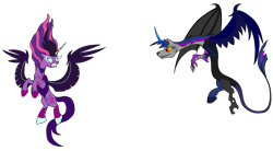 Size: 3072x1692 | Tagged: safe, alternate version, artist:rexlupin, midnight sparkle, sci-twi, twilight sparkle, draconequus, equestria girls, friendship games, angry, corrupted, double trouble, draconequified, duel of the century, equestria girls ponified, flying, implied apocalypse, plotting, plotting your demise, ponified, self paradox, species swap, twikonequus, xk-class end-of-the-world scenario