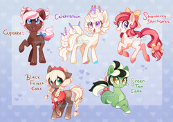 Size: 876x619 | Tagged: safe, artist:tsurime, oc, oc only, oc:black forest cake, oc:celebration, oc:cupcake, oc:green tea cake, oc:strawberry shortcake, cake pony, earth pony, pony, adoptable, bow, braid, candle, female, freckles, mare, pigtails, smiling, sprinkles, tail bow