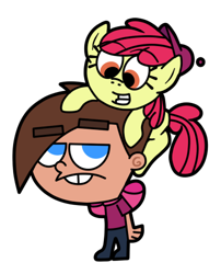 Size: 385x476 | Tagged: safe, artist:yukarishy, apple bloom, earth pony, human, apple bloom's bow, bow, crossover, female, filly, hair bow, hat, male, mare, simple background, smiling, the fairly oddparents, timmy turner, transparent background, unamused