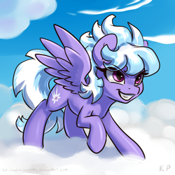 Size: 1500x1500 | Tagged: safe, artist:kp-shadowsquirrel, cloudchaser, pegasus, pony, cloud, cloudy, female, grin, mare, raised hoof, smiling, solo, spread wings