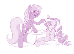 Size: 1280x931 | Tagged: safe, artist:dstears, diamond tiara, silver spoon, cute, embarrassed, monochrome, older, older diamond tiara, older silver spoon, table, tea, teacup