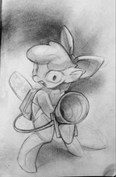 Size: 630x956 | Tagged: safe, artist:mozakiaeolus, apple bloom, bloom and gloom, monochrome, pest control gear, solo, traditional art, twitbuster apple bloom