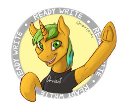 Size: 535x476 | Tagged: safe, artist:opaquespectre, oc, oc only, oc:ready write, clothes, happy, open mouth, shirt, smiling, solo, text, underhoof, waving