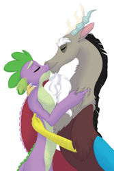 Size: 1000x1500 | Tagged: safe, artist:silcybell, discord, spike, dragon, chests are touching, dispike, gay, kissing, male, older, older spike, shipping