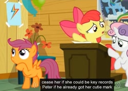 Size: 647x461 | Tagged: safe, screencap, apple bloom, scootaloo, sweetie belle, bloom and gloom, cutie mark crusaders, meme, rainbow dash poster, youtube caption