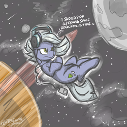 Size: 3000x3000 | Tagged: safe, artist:flutterthrash, limestone pie, earth pony, pony, female, floating, headphones, mare, mp3 player, newbie artist training grounds, planet, solo, space