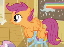 Size: 578x423 | Tagged: safe, edit, edited screencap, screencap, scootaloo, bloom and gloom, animated, balloon rainbow dash, cute, cutealoo, flying, loop, lucid dreaming, nyan dash, scootaloo can fly