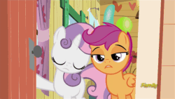Size: 568x320 | Tagged: safe, screencap, scootaloo, sweetie belle, bloom and gloom, animated, disdain, scootaloo is not amused, unamused