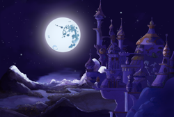 Size: 2500x1683 | Tagged: safe, artist:simbaro, canterlot, canterlot castle, lullaby for a princess, mare in the moon, moon, mountain, night, scenery, scenery porn, sky