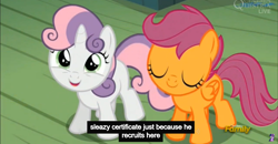 Size: 1600x830 | Tagged: safe, screencap, scootaloo, sweetie belle, bloom and gloom, meme, youtube caption