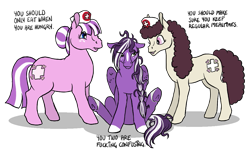 Size: 1021x613 | Tagged: safe, artist:quoting_mungo, nurse sweetheart, nursery rhyme, oc, oc:mirror image, earth pony, pegasus, pony, female, frog (hoof), mare, older, simple background, sitting, transparent background, trio, underhoof, vulgar