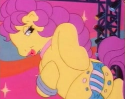 Size: 435x342 | Tagged: safe, screencap, bon bon (g1), pony, g1, my little pony tales, cute, female, lidded eyes, lipstick, looking back, mare, open mouth, plot, smiling, solo, sultry pose, the masquerade, you know for kids