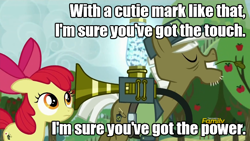 Size: 960x540 | Tagged: safe, edit, edited screencap, screencap, apple bloom, max raid, earth pony, pony, bloom and gloom, cropped, cutie mark, duo, female, filly, foal, image macro, male, meme, pest control gear, pest control pony, pest pony, stallion, stan bush, the touch
