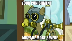 Size: 960x540 | Tagged: safe, edit, edited screencap, screencap, max raid, earth pony, pony, bloom and gloom, bane, baneposting, cropped, discovery family, discovery family logo, mask, pest control gear, pest control pony, roflbot, solo, the dark knight rises