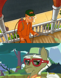 Size: 414x524 | Tagged: safe, edit, edited screencap, screencap, max raid, human, pony, bloom and gloom, cigarette, comparison, cropped, dale gribble, exterminator, glasses, king of the hill, pest control pony, smoking, solo