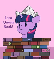 Size: 1280x1392 | Tagged: safe, artist:estrill, twilight sparkle, pony, unicorn, adorkable, book, book fort, bookhorse, cute, dork, female, floppy ears, hat, paper hat, smiling, solo, that pony sure does love books, twiabetes