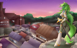 Size: 5000x3125 | Tagged: safe, artist:mleonheart, oc, oc only, oc:green bean, anthro, pegasus, unguligrade anthro, armor, ass, clothes, green hair, solo, sword, town