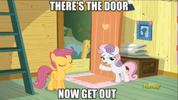 Size: 960x538 | Tagged: safe, edit, edited screencap, screencap, scootaloo, sweetie belle, pegasus, pony, unicorn, bloom and gloom, caption, door, duo, female, filly, foal, get out, image macro, meme, reaction image