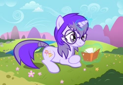 Size: 1074x743 | Tagged: safe, artist:carueniiju, oc, oc only, oc:glass sight, pony, unicorn, book, glasses, reading, solo