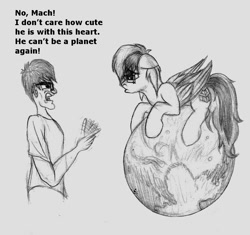 Size: 818x768 | Tagged: safe, artist:mach-volt, pluto, oc, oc:stardust mach, human, funny, humanized, mod, monochrome, pony on pluto, ponysona, traditional art, tumblr