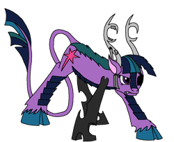 Size: 1033x845 | Tagged: safe, artist:earlannex, twilight sparkle, dracony, hybrid, alternate universe, enchancements, eyepatch, part changeling, prosthetic limb, solo, species swap