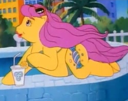 Size: 431x341 | Tagged: safe, screencap, bon bon (g1), g1, my little pony tales, bikini, bikini bottom, bikini top, clothes, cup, cute, drink, lipstick, prone, smiling, solo, straw, sunglasses, swimsuit, the masquerade